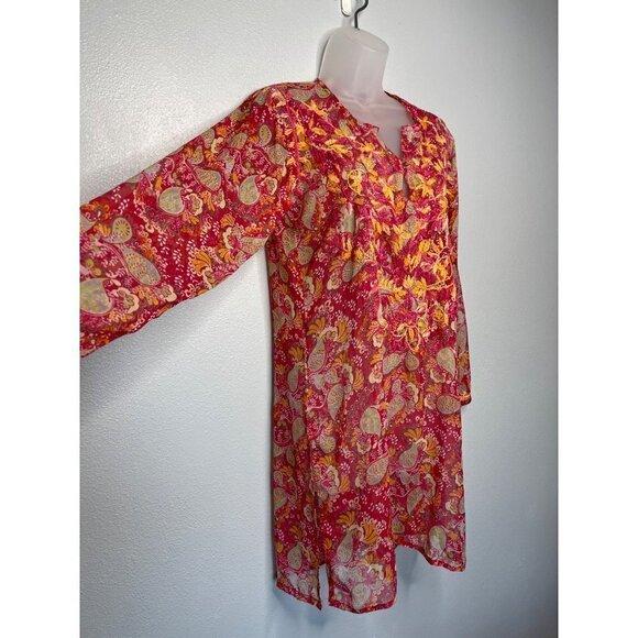 Raj Womens 100% Silk Long Sleeve Floral Tunic Cover-Up SZ L Boho Peasant - Picture 2 of 13
